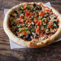 Chubby's Veggie Pizza · Olive oil, Classico sauce, mozzarella, green peppers, black olives, mushrooms, onions and to...