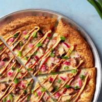 Spicy Mother Clucker (Whole) · mozzarella blend, pickled red onions, roasted chicken, sriracha, spicy aioli, scallions