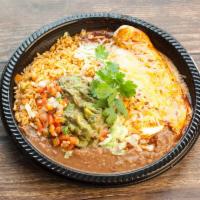 Enchilada Platter · Most popular. Choose from 2 enchiladas or 1 enchilada and 1 taco. Includes rice, beans, guac...