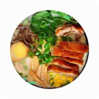 #3. Roast Duck Rame · Chicken broth, roast duck, egg, fish cake, corn, bamboo, wood ear, spinach, scallion.