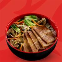 Beef Donburi Rice Bowl · Teriyaki beef, grilled mixed vegetables, steamed rice with furikake and sweet soy glaze.