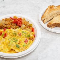 Spanish Omelette Platter · Two eggs, tomatoes, onions and peppers served with home fries and toast. Please note: when o...