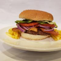 Bacon Burger · Hiomemade classic burger with bacon on hamburger bun.
