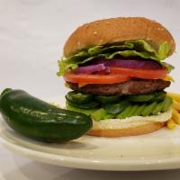 Mexican Burger · Served with tomato, jalapeno, onion, avocado, lettuce and mayo on hamburger bun.
