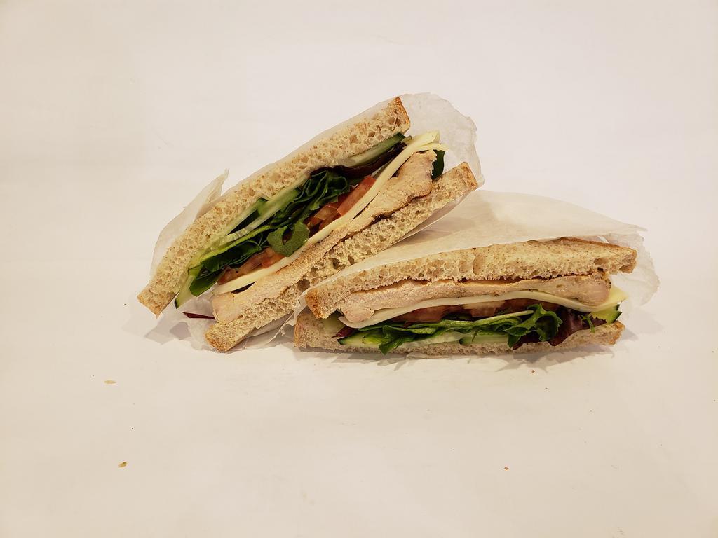 G. Delight Garden Sandwiches · Grilled chicken, fresh mozzarella, sun-dried tomato, cucumbers, arugula and balsamic vinegar on wheat bread.