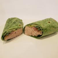 Tuna Wrap · Tuna shredded carrot, cucumber, tomato and mix green on wheat tortilla.