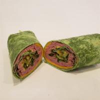Roast Beef Wrap · Roast beef, cheddar, mix green, Russian dressing on spinach wrap.