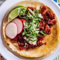 Chorizo Taco (Order of 3) · Traditional Mexican sausage. Tacos topped with fresh onions and cilantro, garnish with a lim...