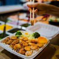 Shrimp Teriyaki Combo · Teriyaki shrimp with rice, steamed vegetables, grilled shrimp and your choice of a can of so...