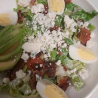 Chicken Cobb Salad · Bacon, avocado, blue cheese, hard-boiled eggs tomatoes, romaine, ranch dressing.