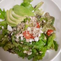 Greens and Grains Salad · Mixed greens, quinoa, feta, tomato, avocado, sunflower seeds, roasted garlic vinaigrette.