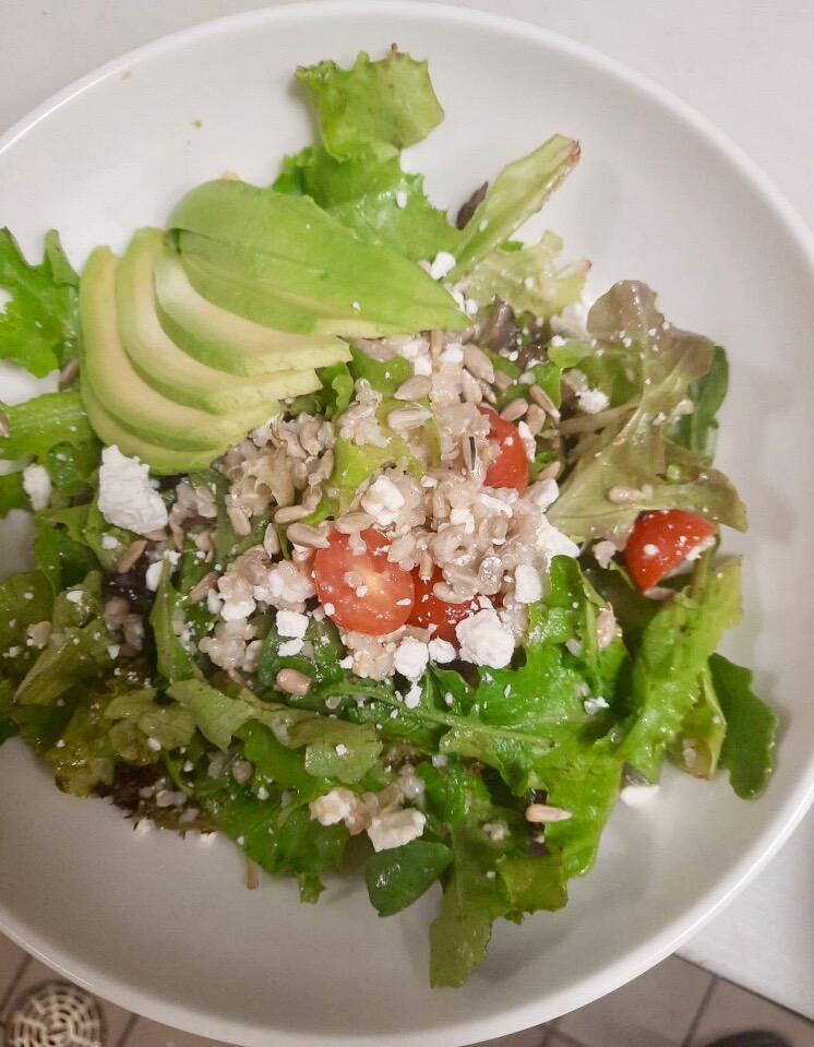 Greens and Grains Salad · Mixed greens, quinoa, feta, tomato, avocado, sunflower seeds, roasted garlic vinaigrette.