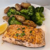 Grilled Salmon · Broccoli and fingerling potatoes.