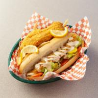 Grilled Fish Po'Boy · Fish fillet, Sam's sauce, lettuce, tomato, and pickles.