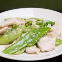 Snow Pea Chicken · Chicken breast, snow peas, and garlic wine sauce.