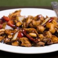 Kung Pao Chicken · Diced chicken, red bell peppers, onion, peanuts, chili pods, and house sauce.