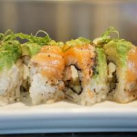 Loco Maki Roll · Cream cheese, jalapeño, cucumber, and crab; topped with seared pepper salmon, avocado, green...