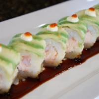 Lacho Roll · Cooked salmon and crab; topped with avocado, mayo, sriracha sauce and unagi sauce.