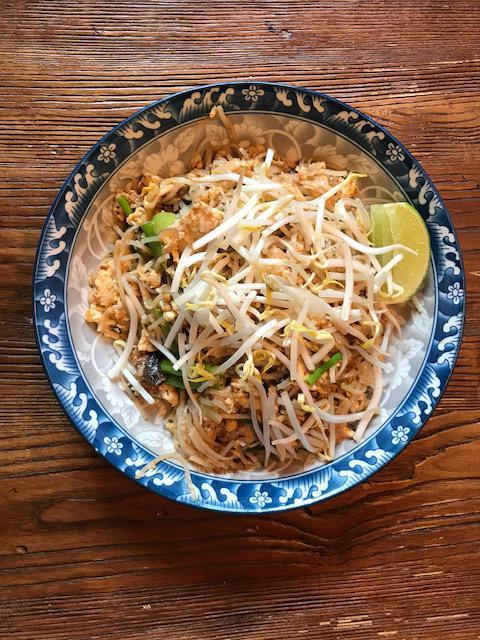 Mekong Street Rice Noodles with Chicken · Mushrooms, egg, bean sprouts, dried shrimp
and peanuts.
