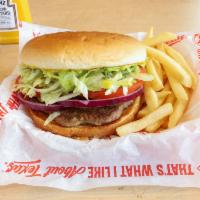 Hungr-Buster · 1/4 lb. grilled beef patty topped with crisp lettuce, ripe tomatoes, purple onions, tangy pi...