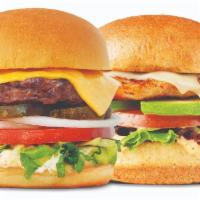 Duo Burger · 2 burgers. Cheese, lettuce, tomato, pickles, onions and house sauce.