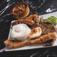Bandeja Paisa  · Grilled steak , fried pork belly,Colombian sausage, avocado, sweet plantain,  fried egg, are...