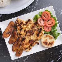 Grilled Chicken Breast  · Sweet plantain, arepa, rice and beans. 