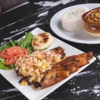 Hawaiian Grilled Chicken Breast  · Sweet plantain, arepa, rice and beans. 