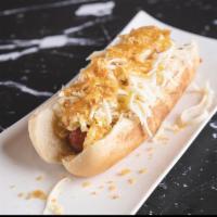Colombian Hotdog  · Beef, pineapple sauce, potato chips coleslaw, cheese ＆ house sauces