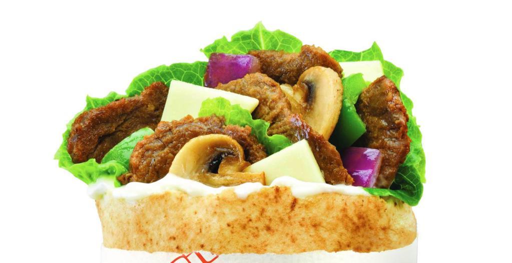 Philly Steak · Our Philly Steak pita comes with Steak, Grilled Onions, Grilled Green Peppers, Grilled Mushrooms, Shredded Lettuce, Melted Provolone, Ancho Chipotle Sauce, Salt and Pepper.