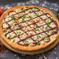 BBQ Chicken Pizza · Pizza cheese, BBQ sauce, green pepper, and onion.