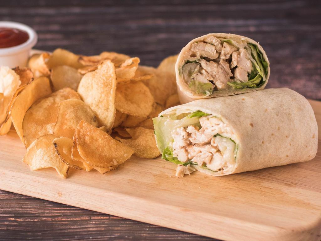 Chicken Caesar Wrap · Waffle fries, chicken, Caesar, romaine lettuce, parmesan cheese. Toasted.