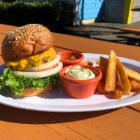 Cheeseburger and Fries · Dos Hermanos bakery bun, beef Patty, American cheese, lettuce, onion, tomato, pickles, burge...