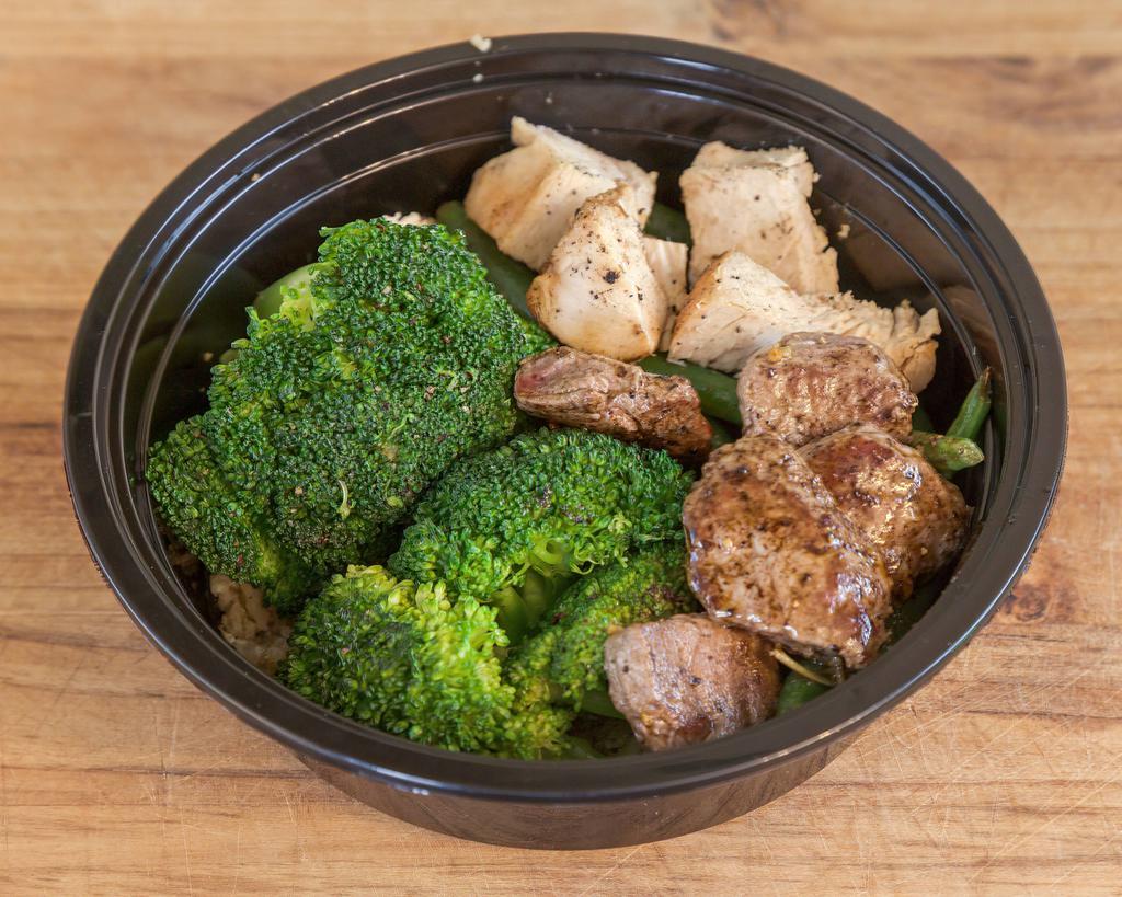 Original Munch Steak Bowl · Pan-seared steak in homemade teriyaki sauce, served over Jasmine rice, with broccoli, and green beans. 