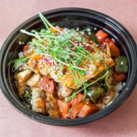 Sweet Chili Salmon and Vegetables Bowl · Sweet chili glazed sashimi-grade Norwegian salmon filet served over rice with broccoli and z...