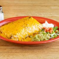 4. Merida Platter · An extra large burrito filled with your choice of chicken or shredded beef, beans, rice, let...