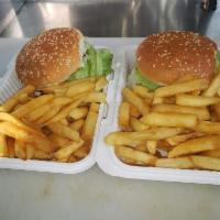 -Burger · Beef burger, ham, cheese, fries potato chips and pink sauce.