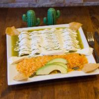 Enchiladas de Mole · Green sauce, corn tortilla filled with chicken. Served with choice of green salsa or mole to...