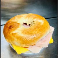 Ham and Cheese Bagel · Toasted bagel with ham and cheese