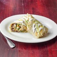 Meat Burrito  · Flour tortilla stuffed with meat of your choice, lettuce, tomato, onion, cilantro, guacamole...