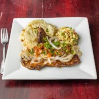 Carne Asada · Grilled steak topped with sotiada onion, pico de gallo. Served with rice, refried beans and ...