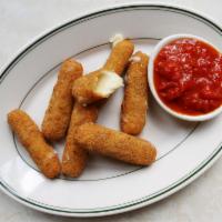 MOZZARELLA STICKS · Mozzarella cheese that has been coated and fried.
