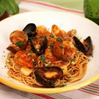 Spaghetti Alla Pescatore · Seafood medley in marinara sauce with garlic and wine. Mussels, clams, bay scallops and shri...