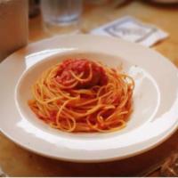 KID'S PASTA MARINARA · Marinara and meatball.  Pasta choice: penne, spaghetti or ravioli. GF Penne also available