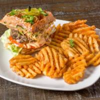 Jalapeno and Cheddar Waffle Burger · 3/4lb beef burger on our Jalapeno and cheese  Belgian waffle, with lettuce, tomato and our s...