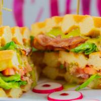 Waffle BLT · Wafflewich - Bacon lettuce and tomato served on a  Waffle Chic original Belgian waffle toppe...