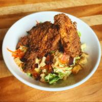 Fried Chicken Salad · Southern fried chicken, bacon, romaine, napa cabbage blend, tomato, red onion, carrot, crout...