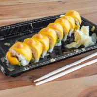 Tropical Roll · Imitation crab and mango on top, with cucumber, avocado and mango inside. Served with spicy ...