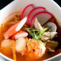 Spicy Seafood Soup · Shrimp, scallop, crab meat &vegetable in spicy miso broth.
