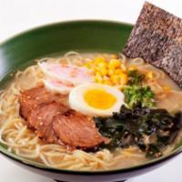 The classic Tonkotsu Ramen · Pork broth. Topped with braised pork belly, soft seasoned broiled egg, bamboo shoots,fish ca...